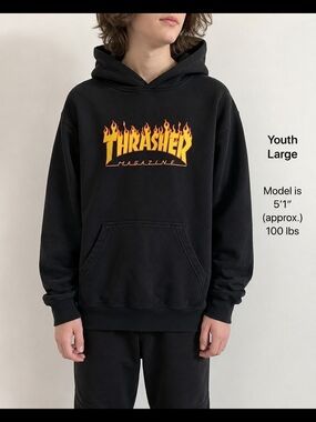 Thrasher Black Hoodie with Flames Size Youth Large